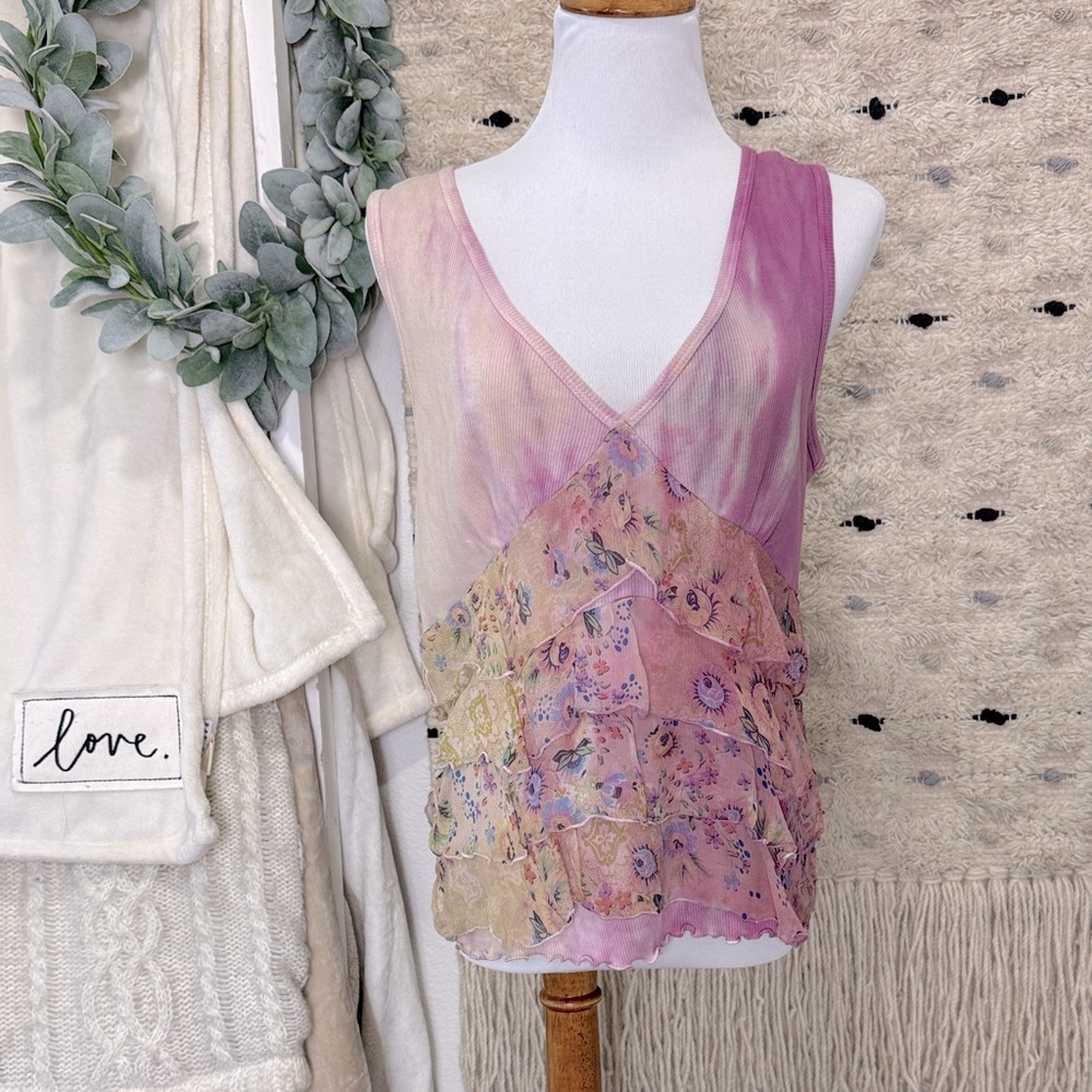 Me & Ko pink tie dyed floral sleeveless vneck silk blend blouse size L
